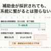 補助金の事業期間（交付決定から7〜8か月）と、系統側の手続き（接続検討の回答に原則3か月、再検討でさらに3か月、その後の工期は不明）を並べた時間軸の図